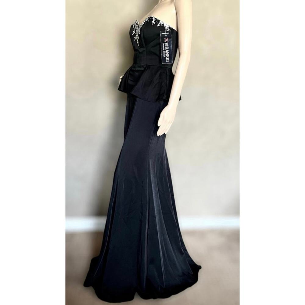 NWT Viranski Dancing Queen Black Beaded Strapless Sweetheart Peplum Mermaid Gown - Picture 2 of 9